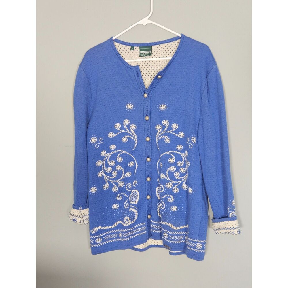 Geiger Collections Austria Blue Wool Cardigan Sweater Silver Buttons Size 42